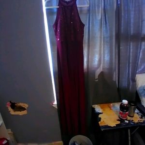 Nightway Petite Lace-Illusion Halter Gown- Merlot